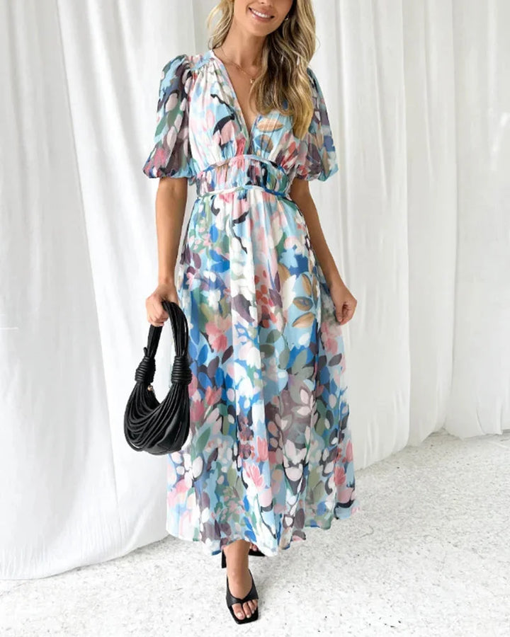 Women's Floral Maxi Dress with V-Neck and Long Sleeves for Spring Weddings