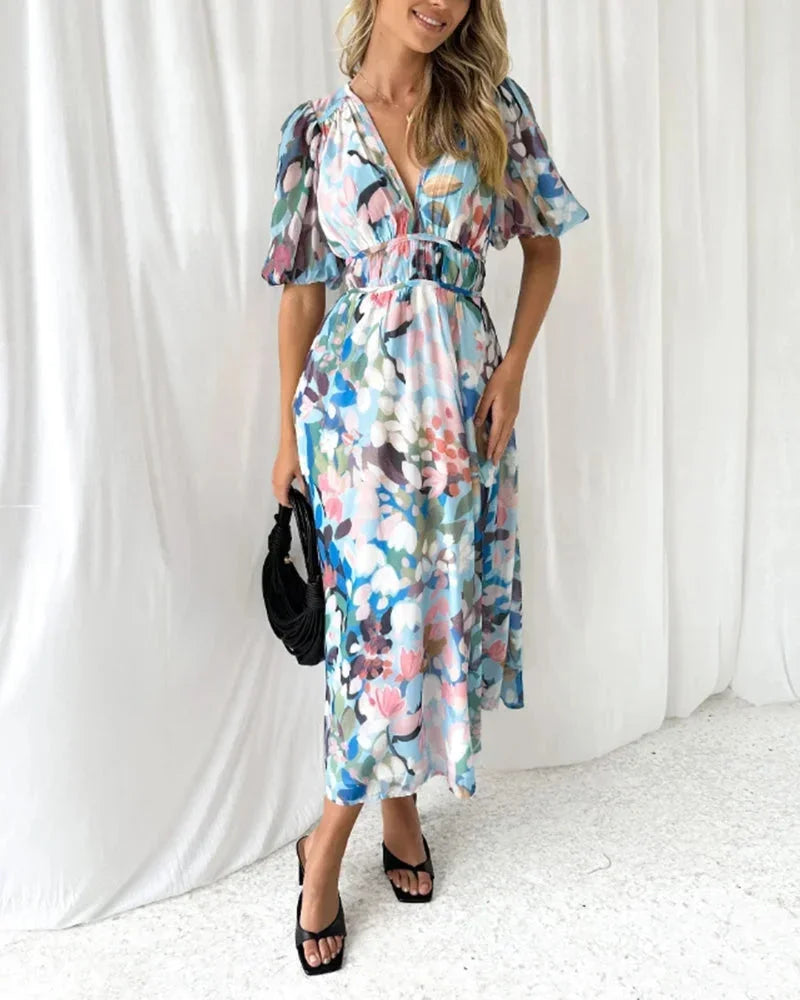 Women's Floral Maxi Dress with V-Neck and Long Sleeves for Spring Weddings