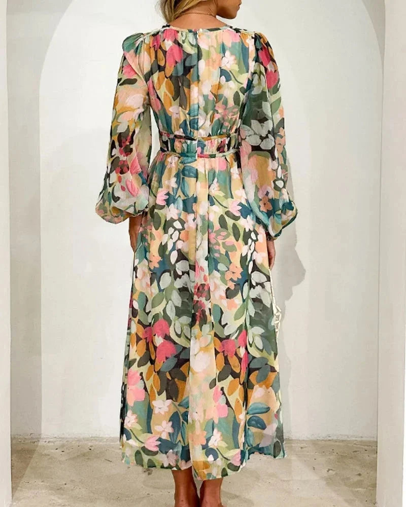 Women's Floral Maxi Dress with V-Neck and Long Sleeves for Spring Weddings