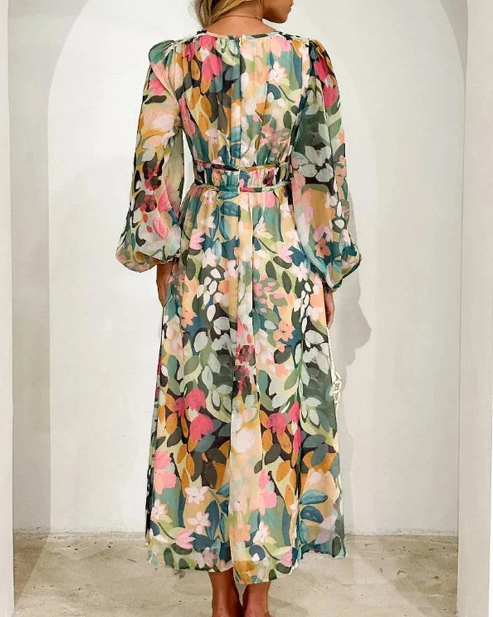 Women's Floral Maxi Dress with V-Neck and Long Sleeves for Spring Weddings