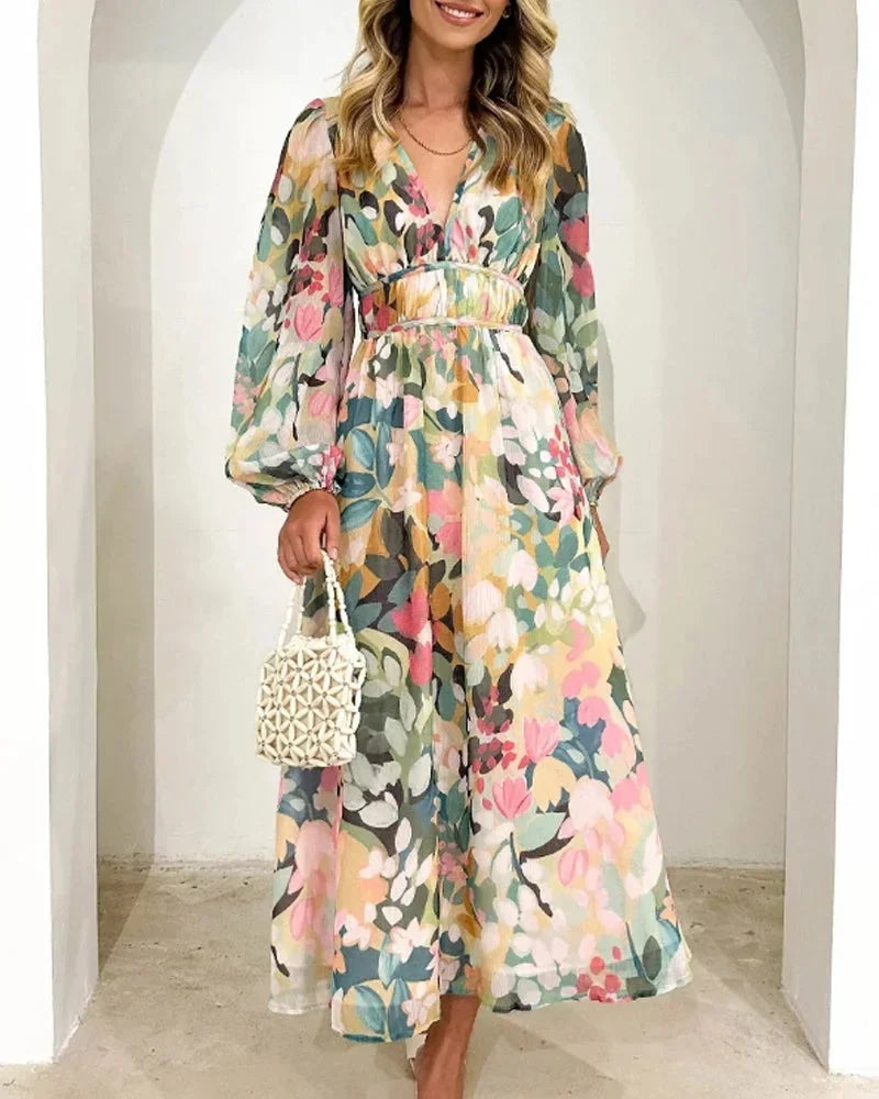 Women's Floral Maxi Dress with V-Neck and Long Sleeves for Spring Weddings