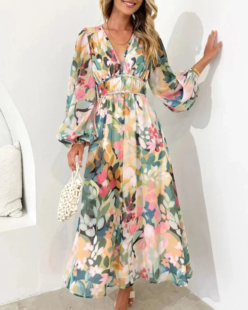 Women's Floral Maxi Dress with V-Neck and Long Sleeves for Spring Weddings