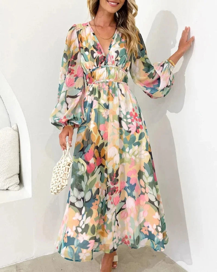 Women's Floral Maxi Dress with V-Neck and Long Sleeves for Spring Weddings