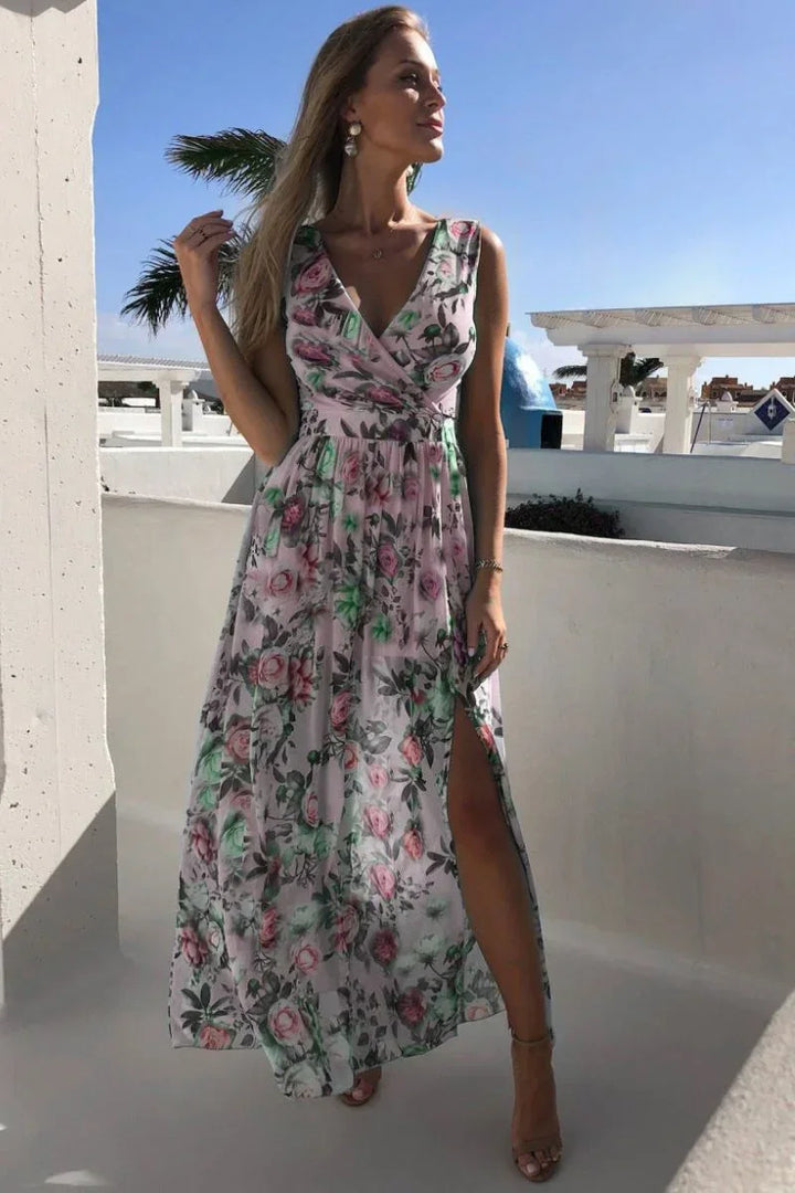 Sleeveless Floral Print Maxi Summer Dress with Side Slit