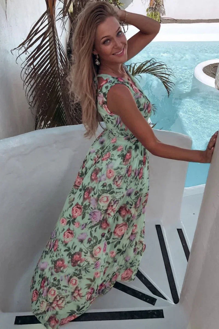Sleeveless Floral Print Maxi Summer Dress with Side Slit