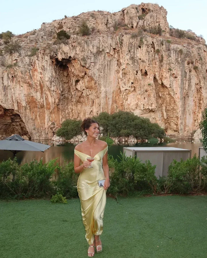 Women's Long Yellow Satin Off-the-Shoulder Evening Dress