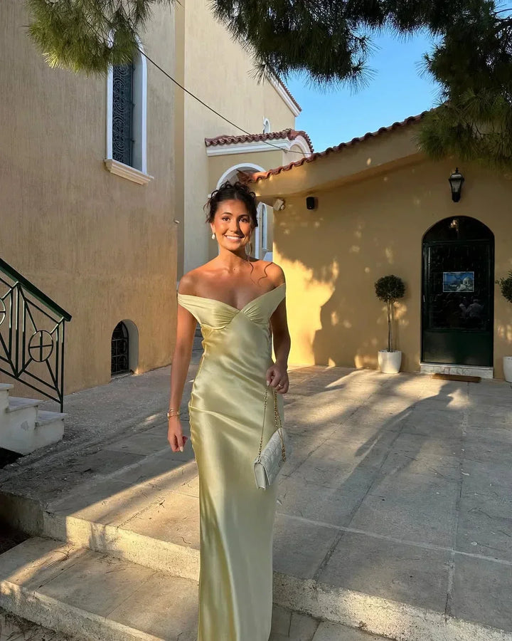Women's Long Yellow Satin Off-the-Shoulder Evening Dress