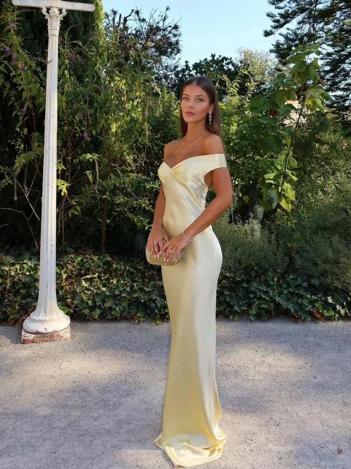 Women's Long Yellow Satin Off-the-Shoulder Evening Dress