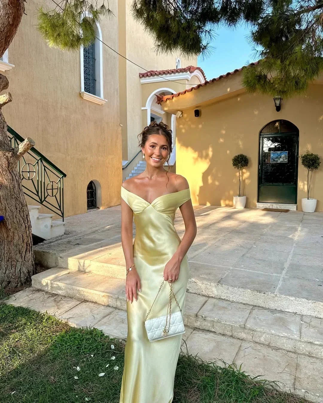 Women's Long Yellow Satin Off-the-Shoulder Evening Dress