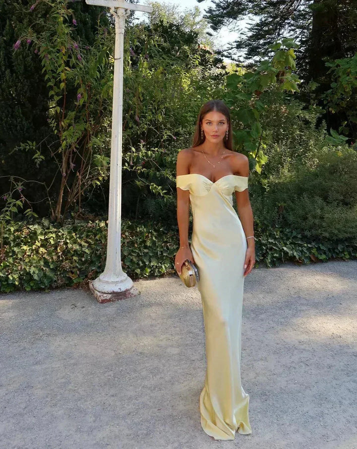 Women's Long Yellow Satin Off-the-Shoulder Evening Dress