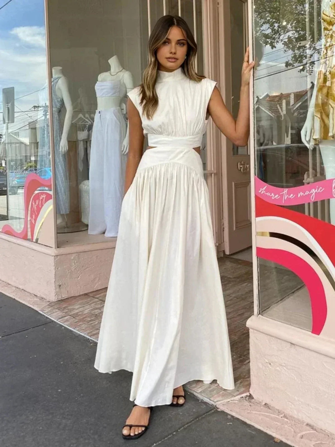 Women's Floor-Length Dress with High Neckline and Cutouts