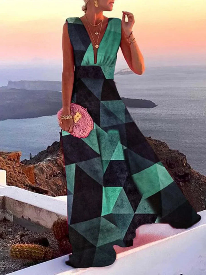 Women's Floor-Length Open-Back Dress with V-Neck and Flared Skirt