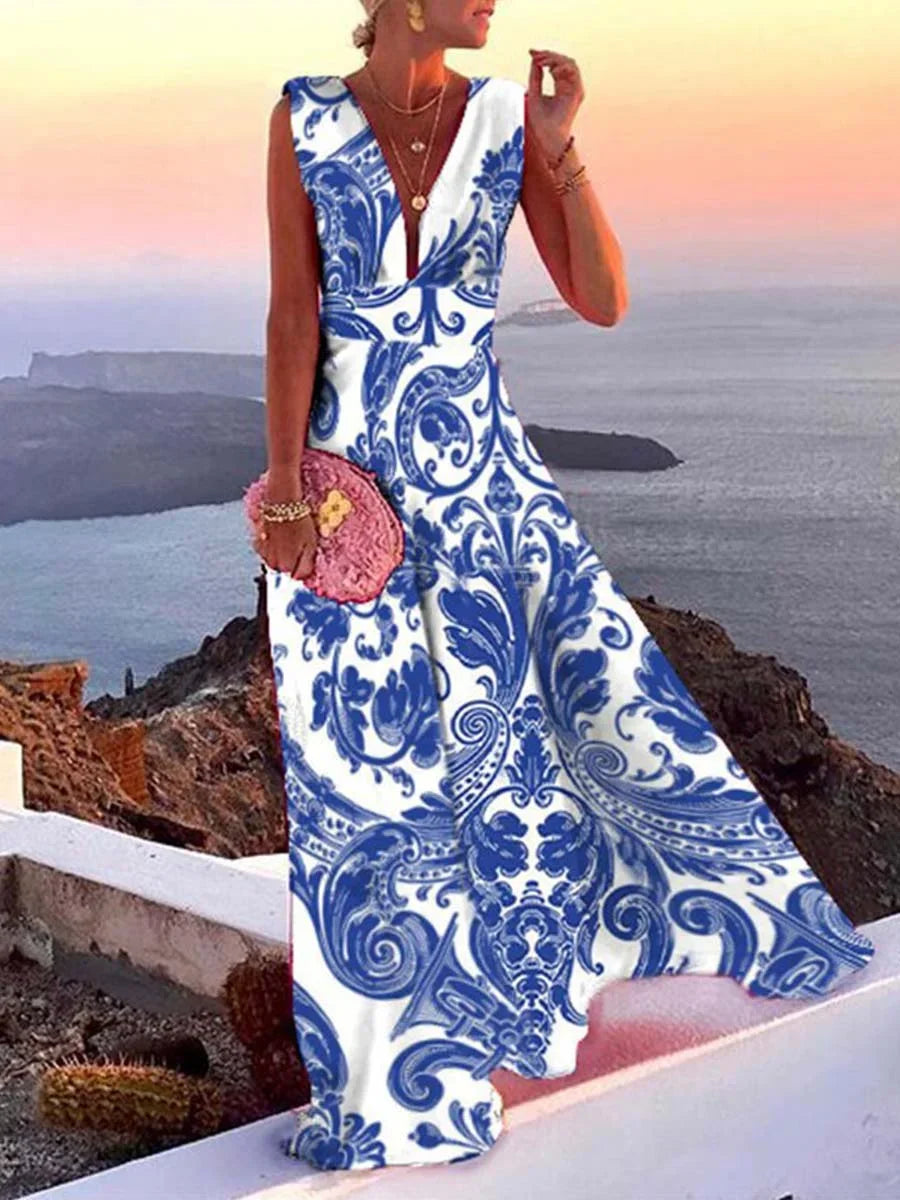 Women's Floor-Length Open-Back Dress with V-Neck and Flared Skirt