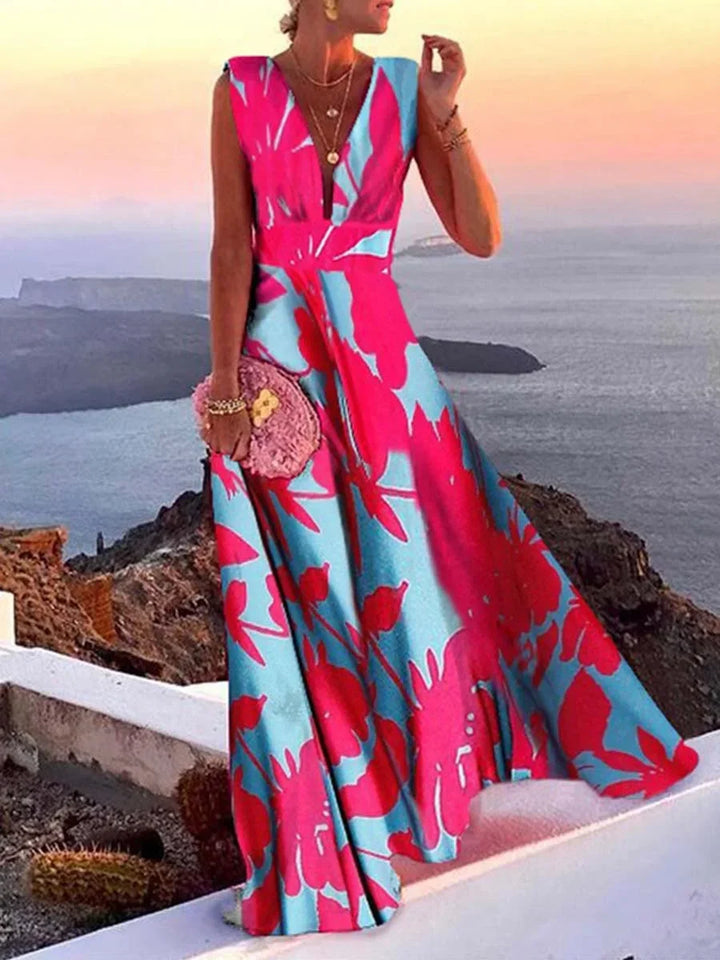 Women's Floor-Length Open-Back Dress with V-Neck and Flared Skirt