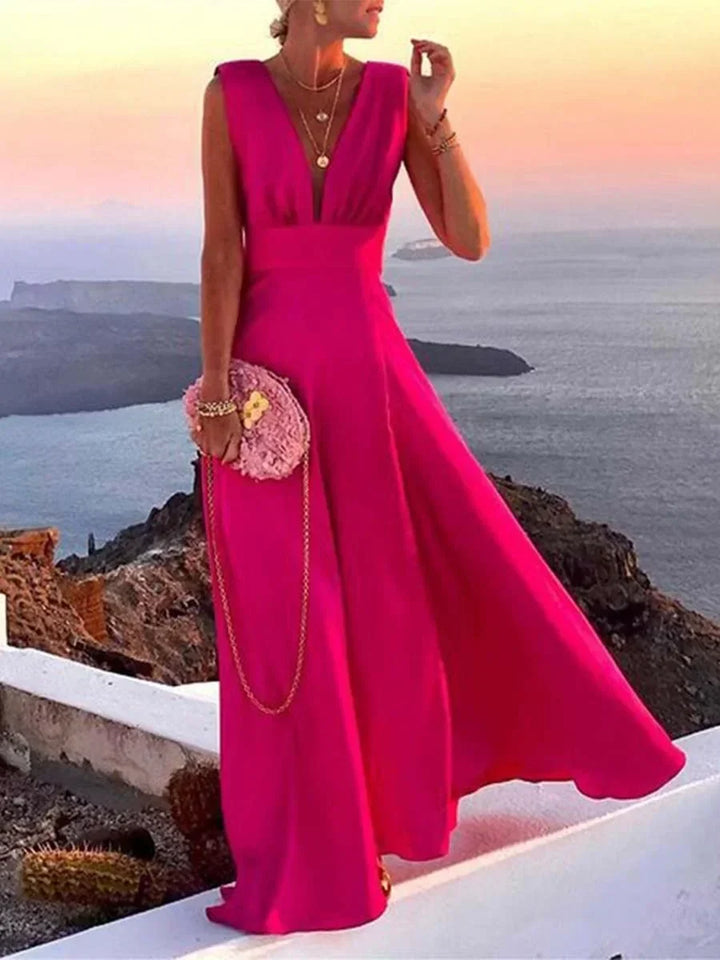 Women's Floor-Length Open-Back Dress with V-Neck and Flared Skirt