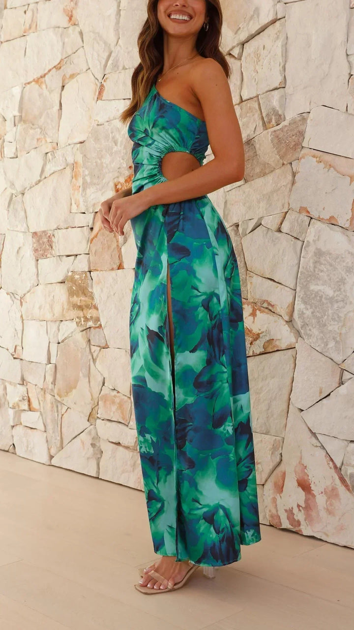 Women's Green One-Shoulder Evening Gown with Floral Detail and Split