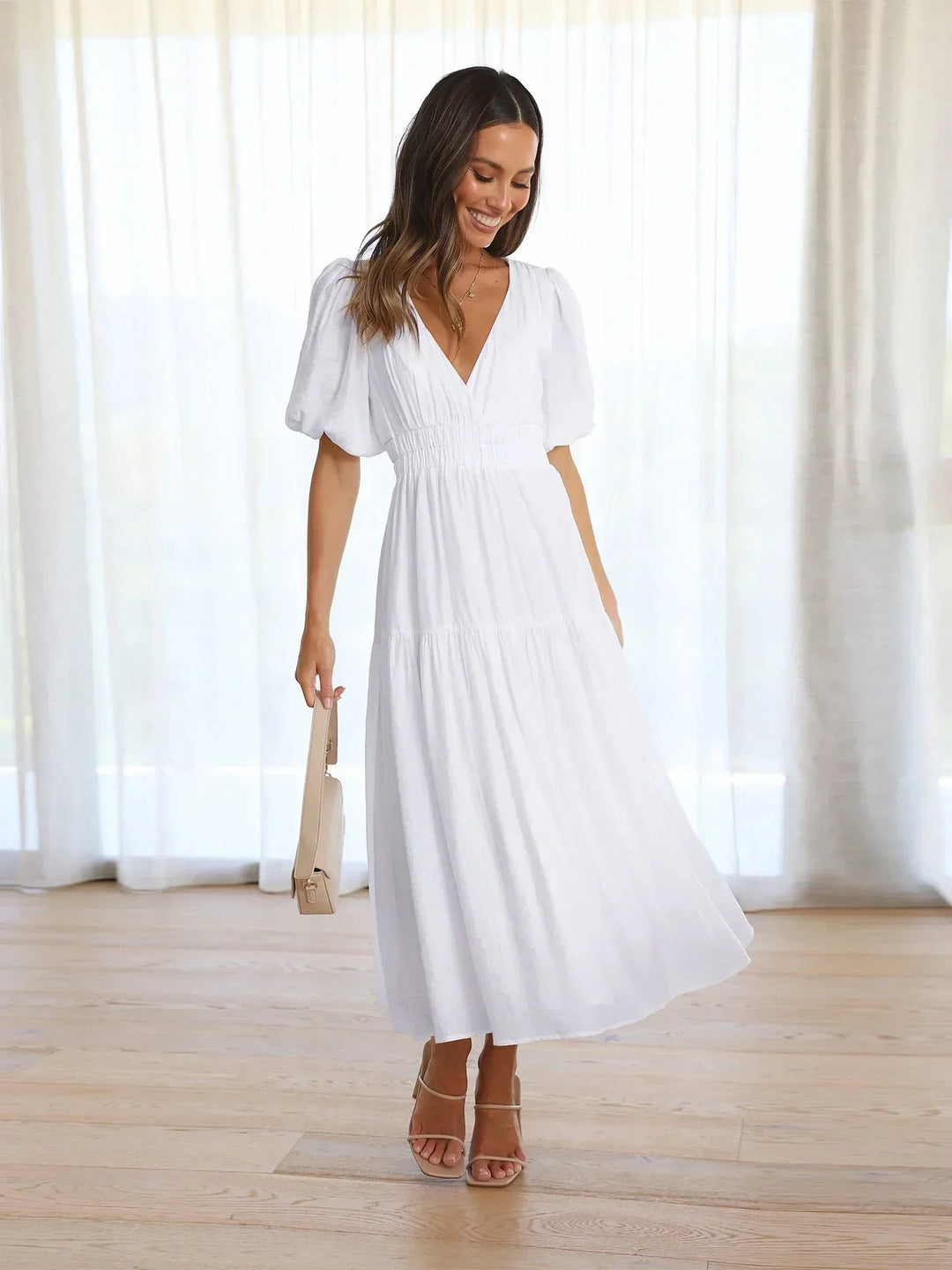Women's Short-Sleeve Midi Dress with V-Neckline
