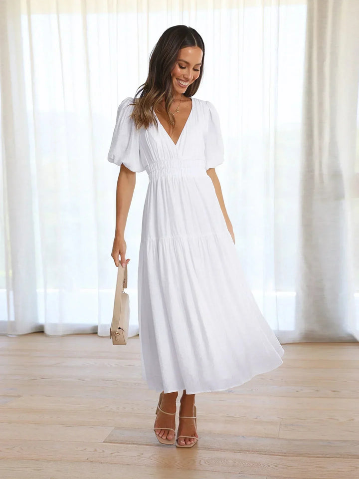 Women's Short-Sleeve Midi Dress with V-Neckline