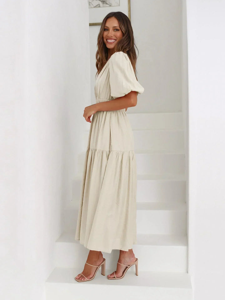 Women's Short-Sleeve Midi Dress with V-Neckline