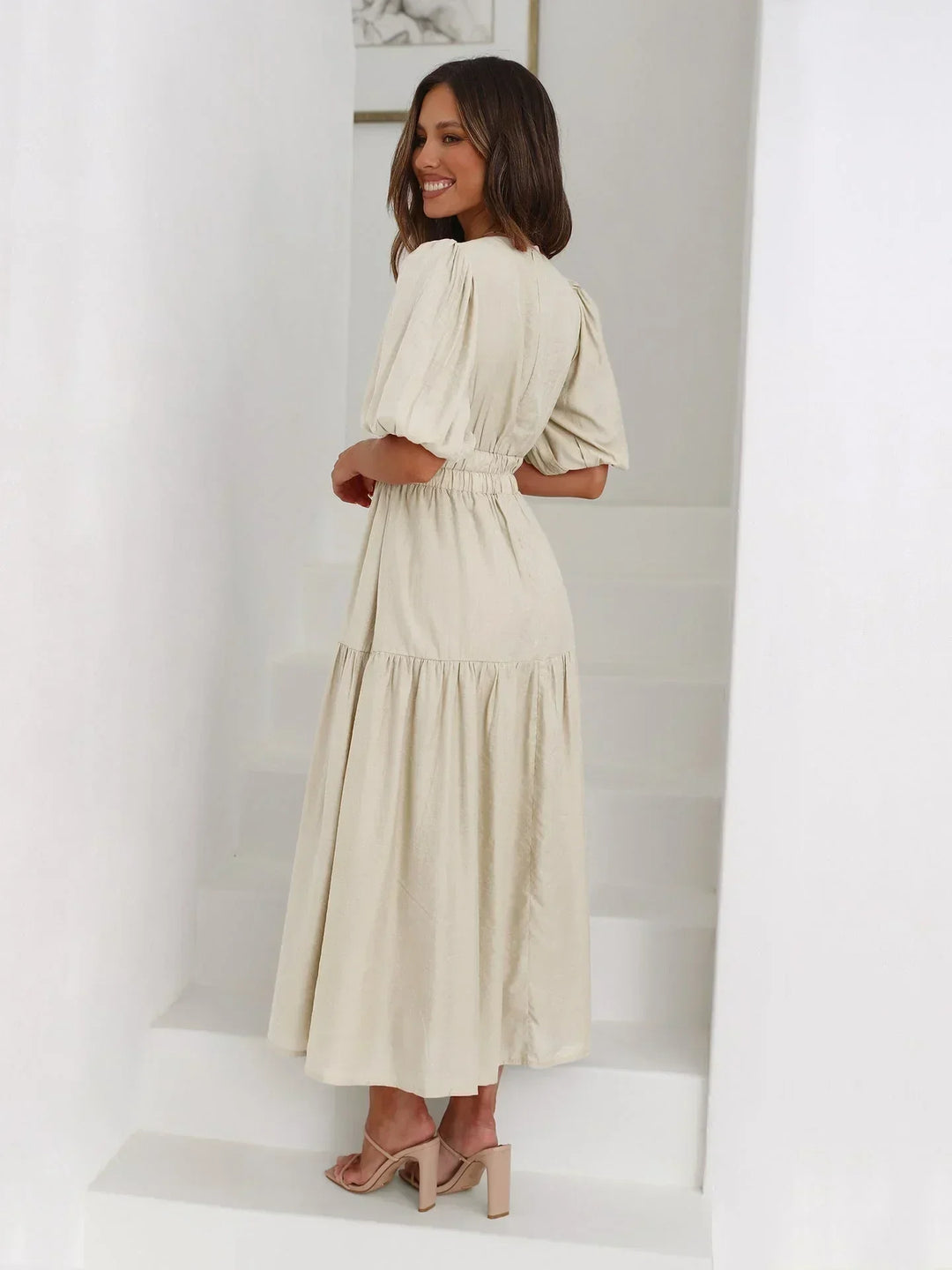 Women's Short-Sleeve Midi Dress with V-Neckline