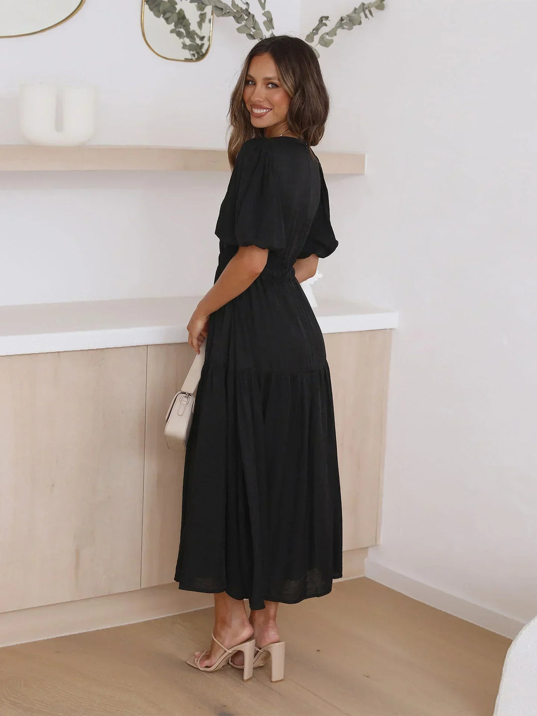 Women's Short-Sleeve Midi Dress with V-Neckline