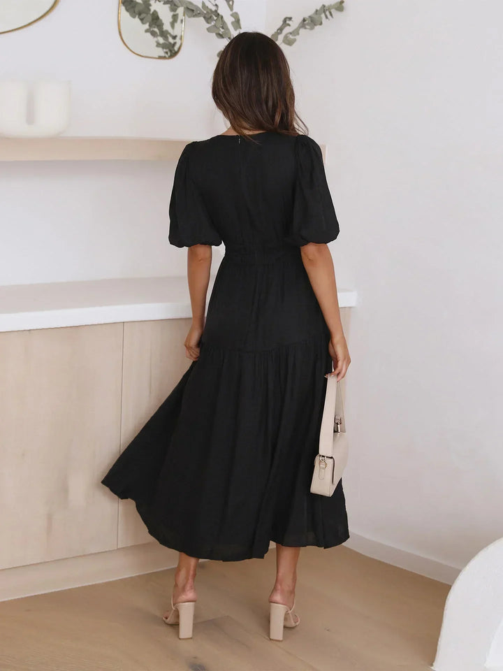 Women's Short-Sleeve Midi Dress with V-Neckline