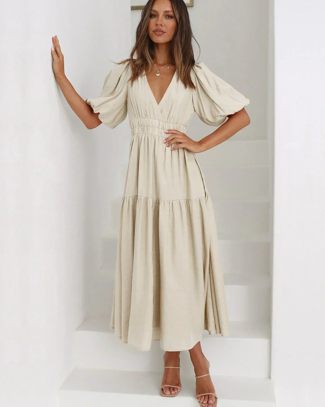 Women's Short-Sleeve Midi Dress with V-Neckline