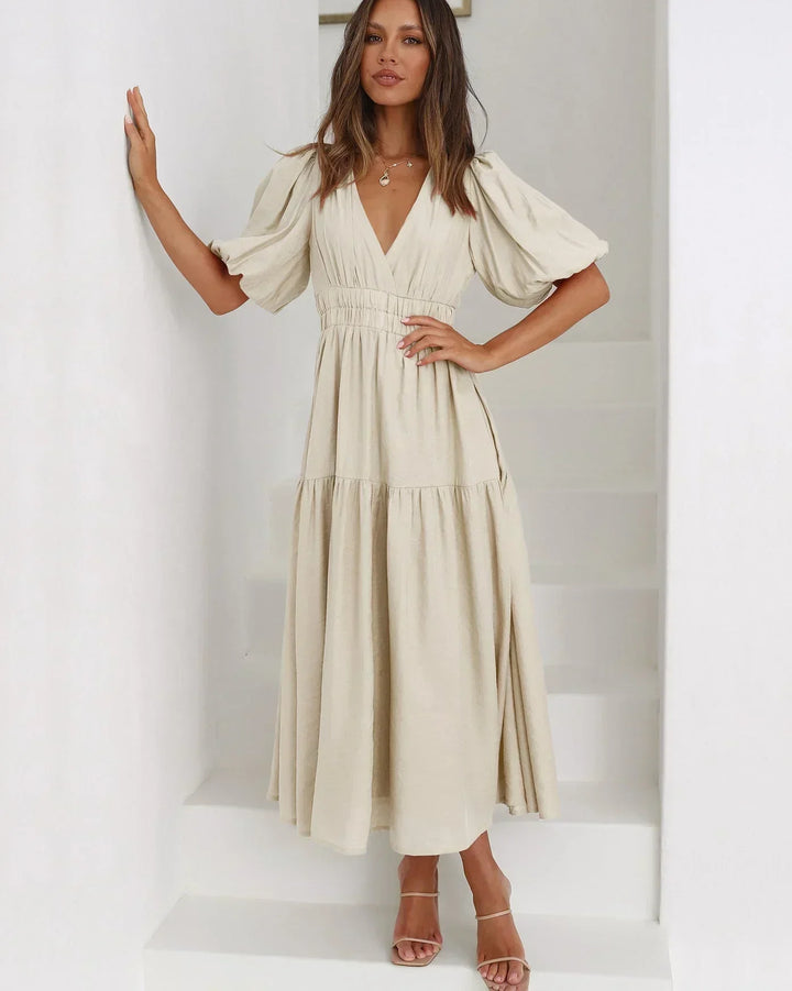 Women's Short-Sleeve Midi Dress with V-Neckline