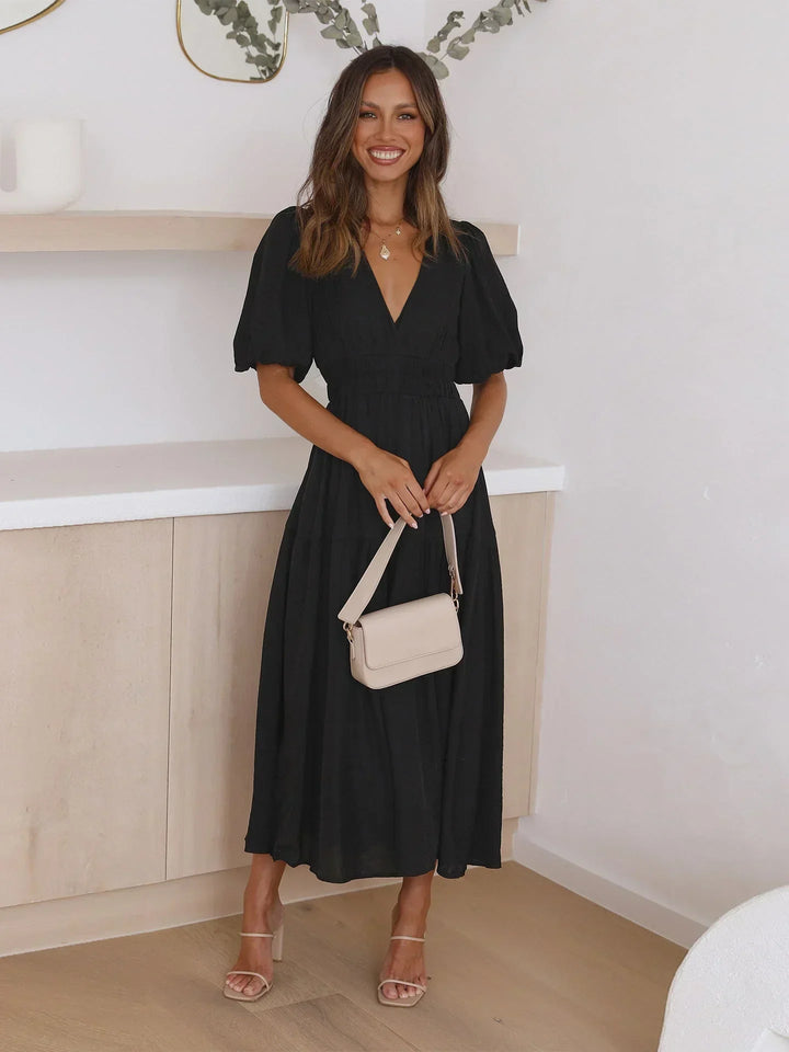 Women's Short-Sleeve Midi Dress with V-Neckline