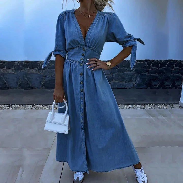 Women's Blue Denim Maxi Dress with Button Front and V-Neckline