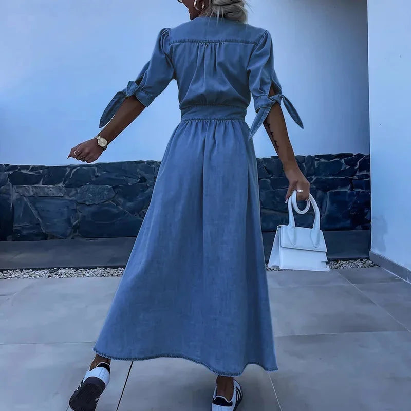 Women's Blue Denim Maxi Dress with Button Front and V-Neckline