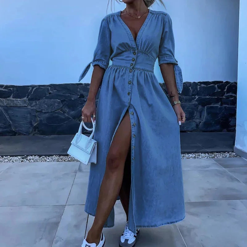Women's Blue Denim Maxi Dress with Button Front and V-Neckline