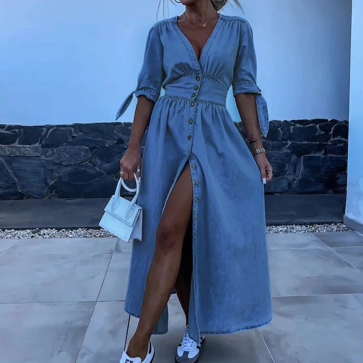 Women's Blue Denim Maxi Dress with Button Front and V-Neckline