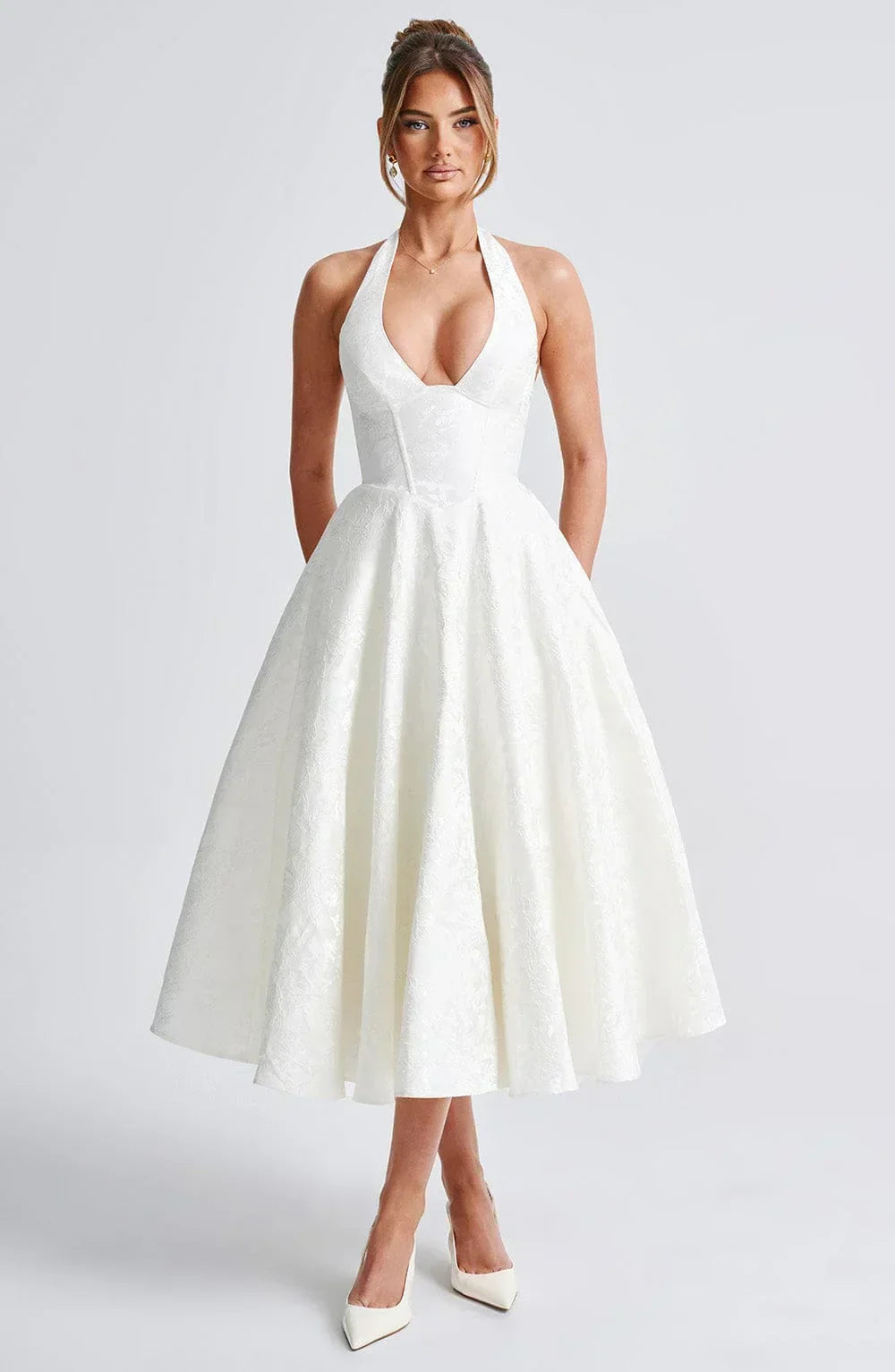 Flared-Hem Midi Dress with an Open Back