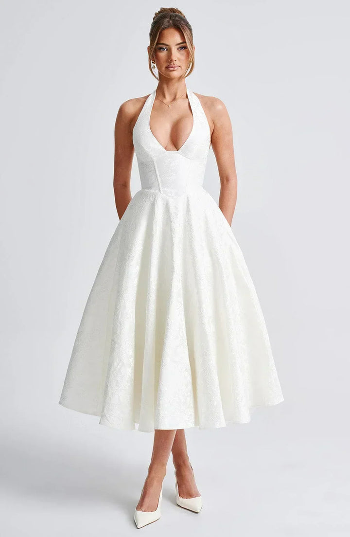 Flared-Hem Midi Dress with an Open Back
