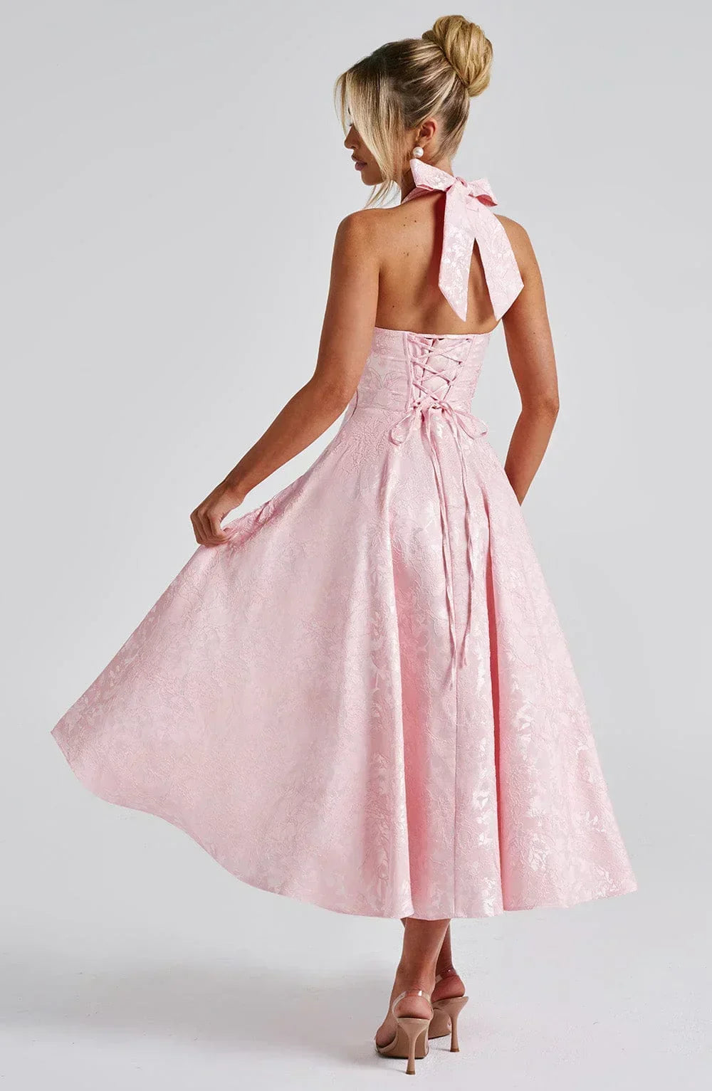 Flared-Hem Midi Dress with an Open Back