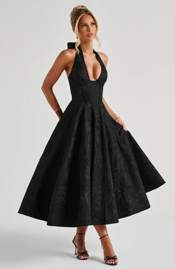 Flared-Hem Midi Dress with an Open Back