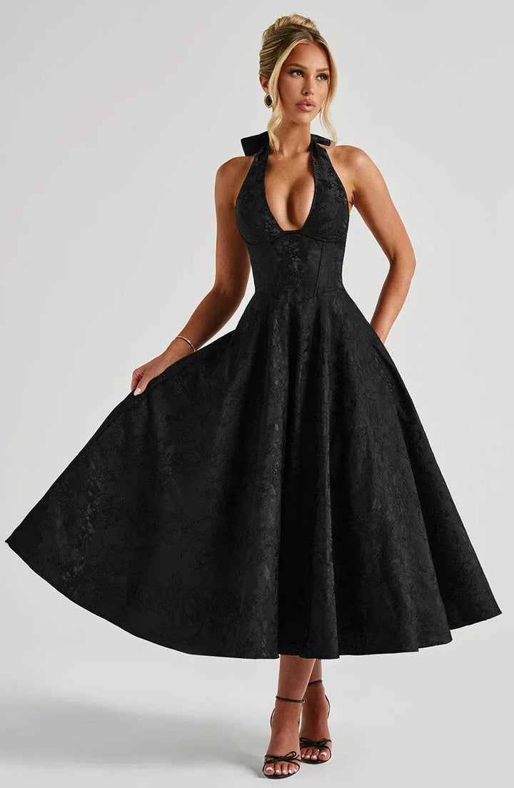 Flared-Hem Midi Dress with an Open Back