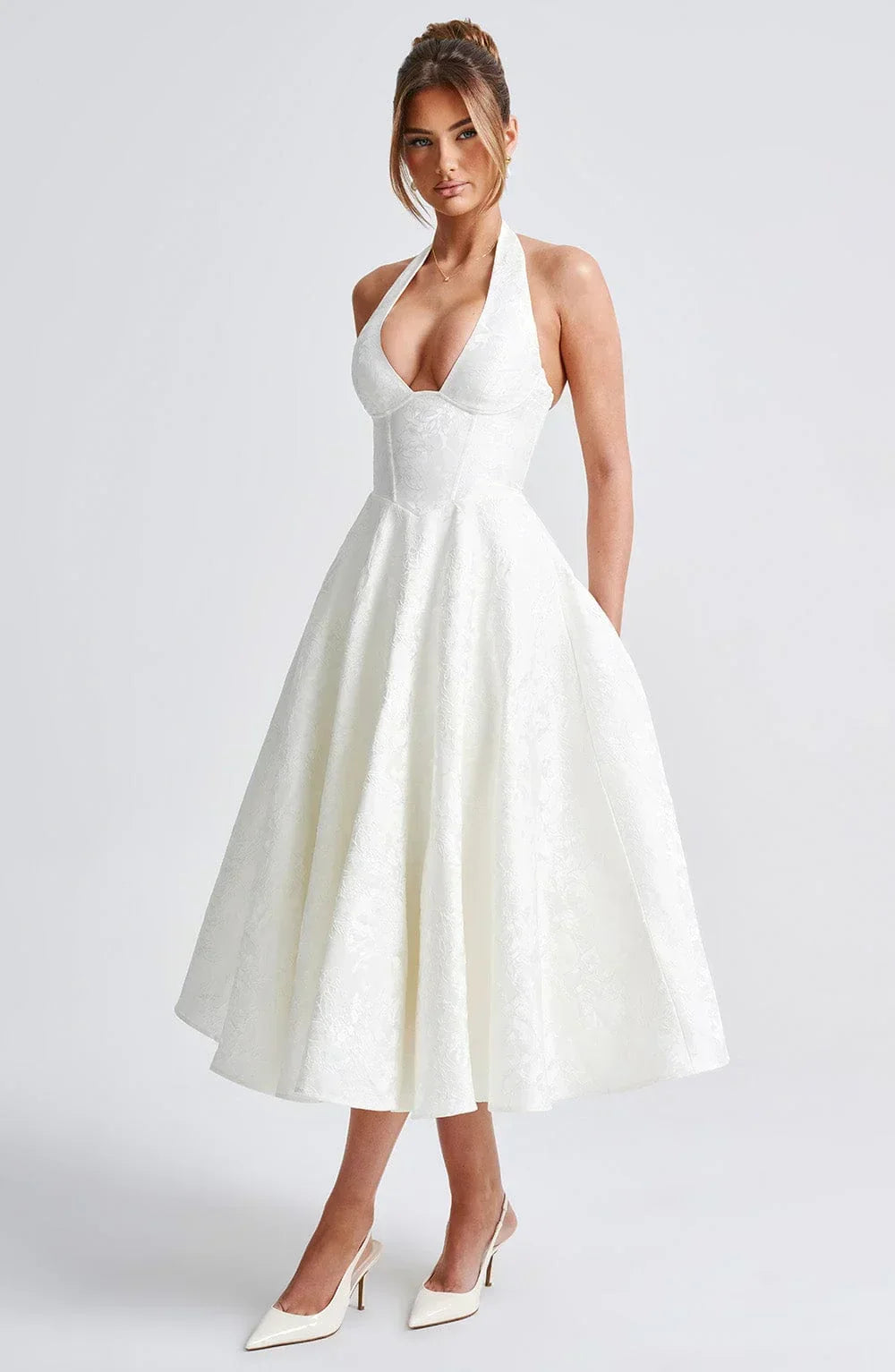 Flared-Hem Midi Dress with an Open Back