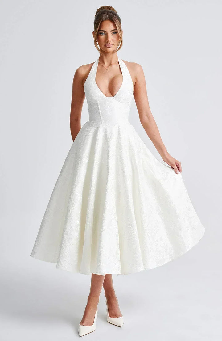 Flared-Hem Midi Dress with an Open Back