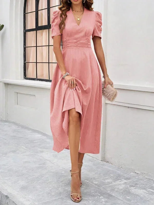Women's V-Neck Midi Dress with Puff Sleeves
