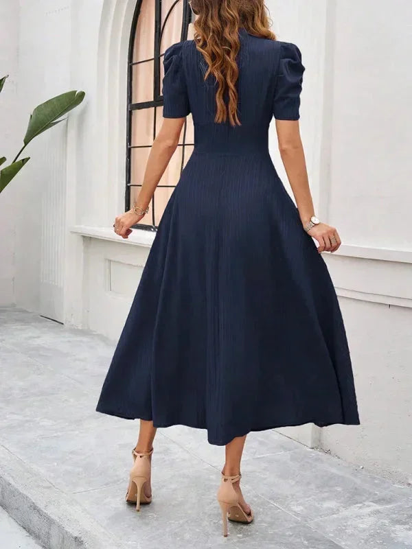 Women's V-Neck Midi Dress with Puff Sleeves