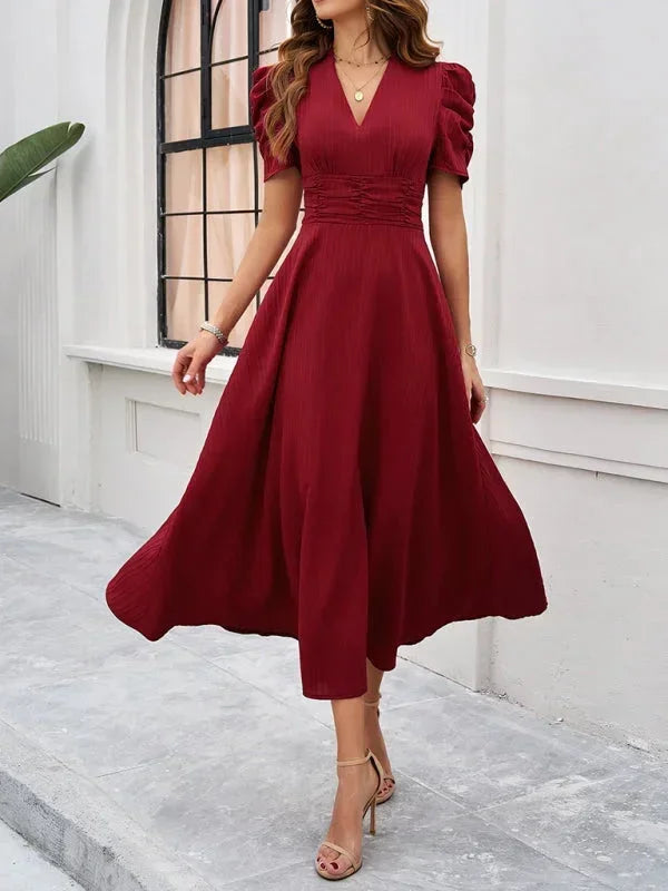 Women's V-Neck Midi Dress with Puff Sleeves