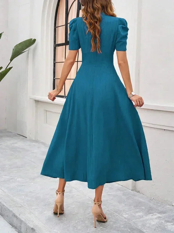 Women's V-Neck Midi Dress with Puff Sleeves