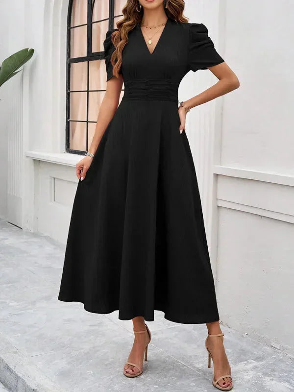 Women's V-Neck Midi Dress with Puff Sleeves