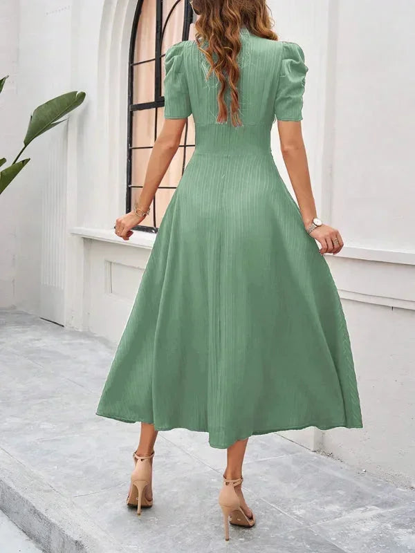 Women's V-Neck Midi Dress with Puff Sleeves