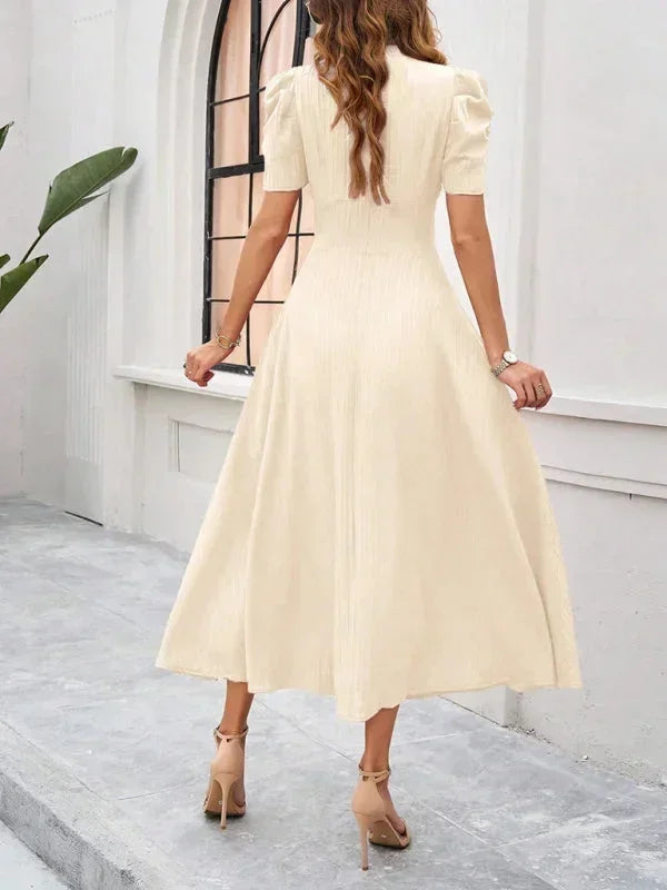 Women's V-Neck Midi Dress with Puff Sleeves