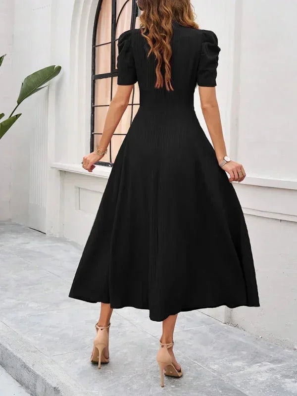 Women's V-Neck Midi Dress with Puff Sleeves