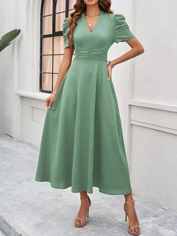 Women's V-Neck Midi Dress with Puff Sleeves
