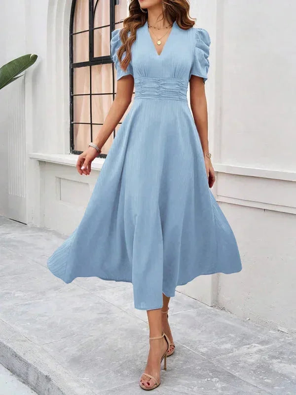 Women's V-Neck Midi Dress with Puff Sleeves